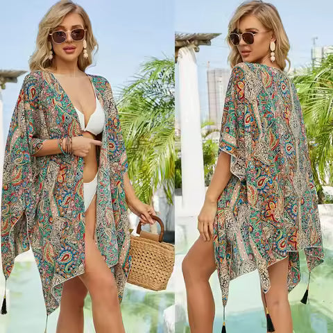Kimono Fleuri Ample à Franges pour Femme - Cache-Maillot & Cardigan de Plage