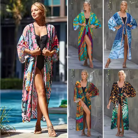 Kimono de Plage Fleuri Ample à Franges pour Femme - Cache-Maillot & Blouse Bohème