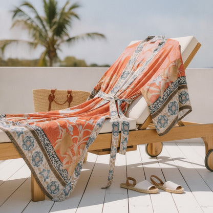 Robe Longue Kimono Bohème Imprimé Floral Rose - Idéale Plage & Cache-Maillot