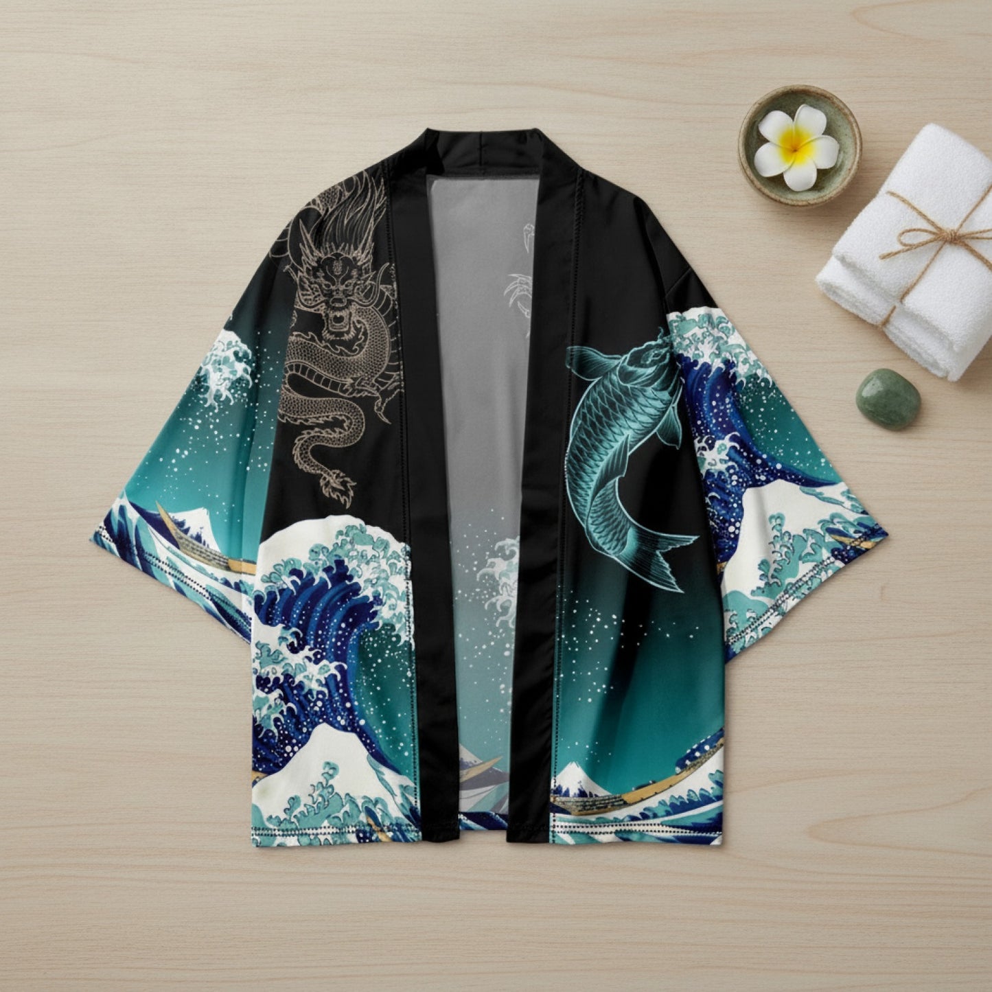 Kimono Haori Japonais Homme & Femme - Motif Carpe Ondulée, Imprimé 3D, Style Traditionnel & Plage