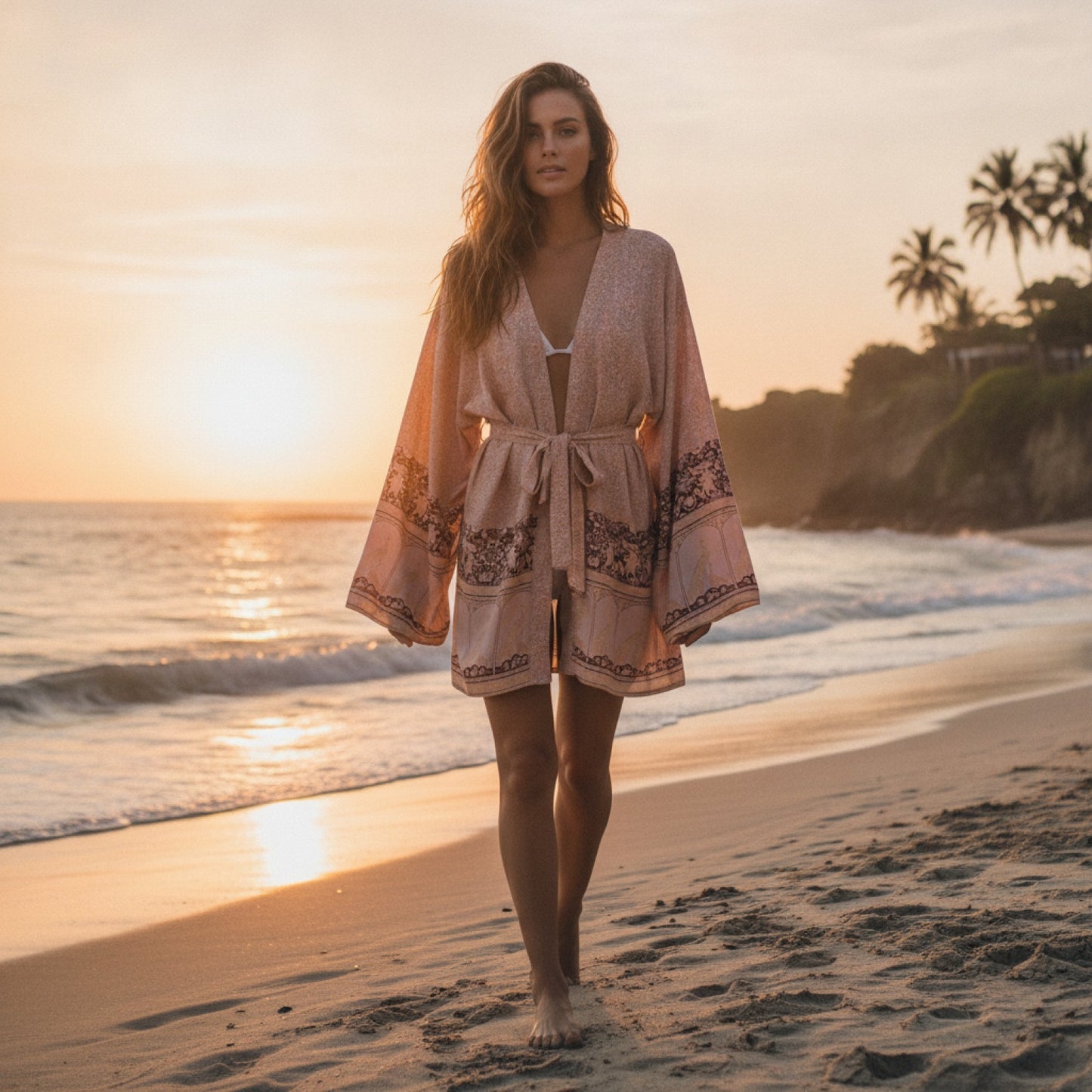 Kimono Cardigan Imprimé Femme Col V Manches Longues - Paréo de Plage Léger