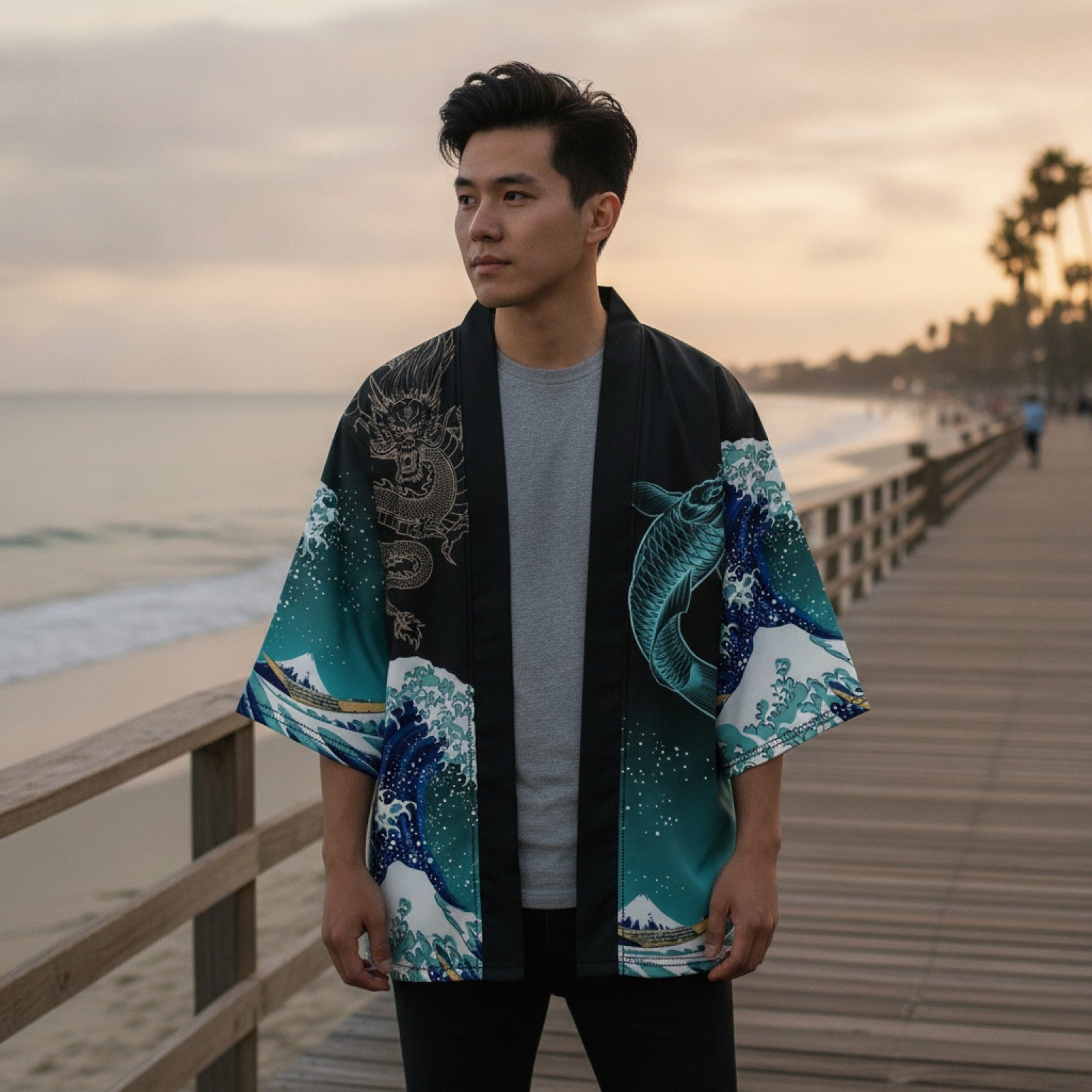 Kimono Haori Japonais Homme & Femme - Motif Carpe Ondulée, Imprimé 3D, Style Traditionnel & Plage