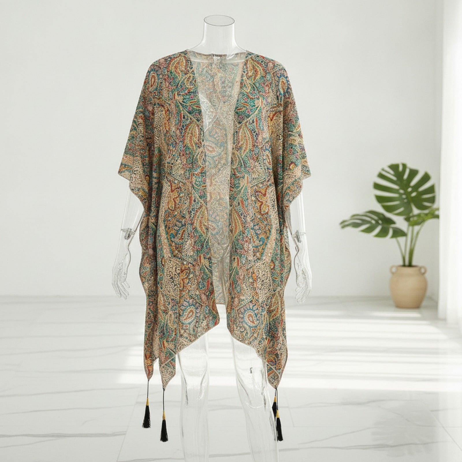 Kimono Fleuri Ample à Franges pour Femme - Cache-Maillot & Cardigan de Plage