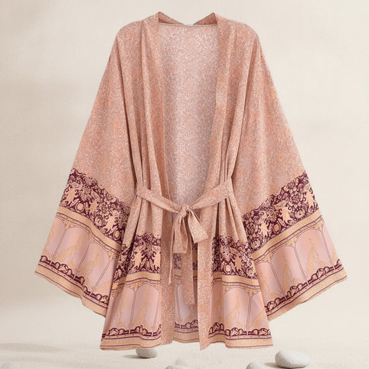 Kimono Cardigan Imprimé Femme Col V Manches Longues - Paréo de Plage Léger