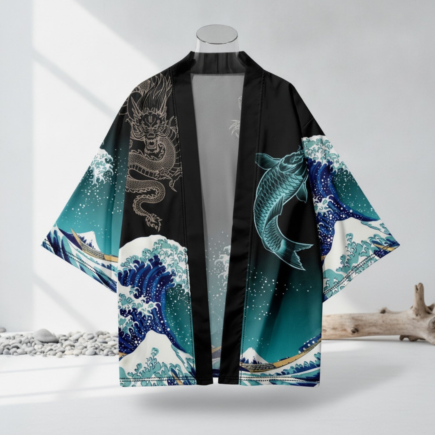 Kimono Haori Japonais Homme & Femme - Motif Carpe Ondulée, Imprimé 3D, Style Traditionnel & Plage