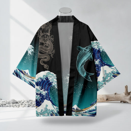 Kimono Haori Japonais Homme & Femme - Motif Carpe Ondulée, Imprimé 3D, Style Traditionnel & Plage